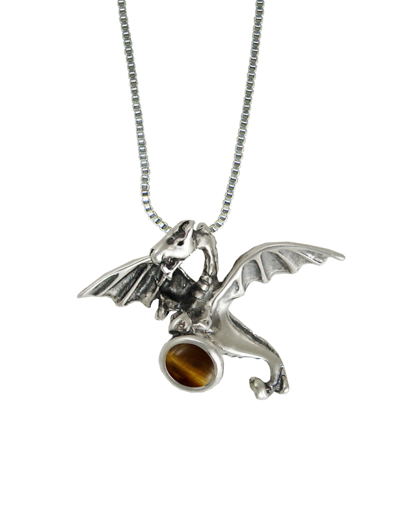 Sterling Silver Flying Dragon Pendant With Tiger Eye